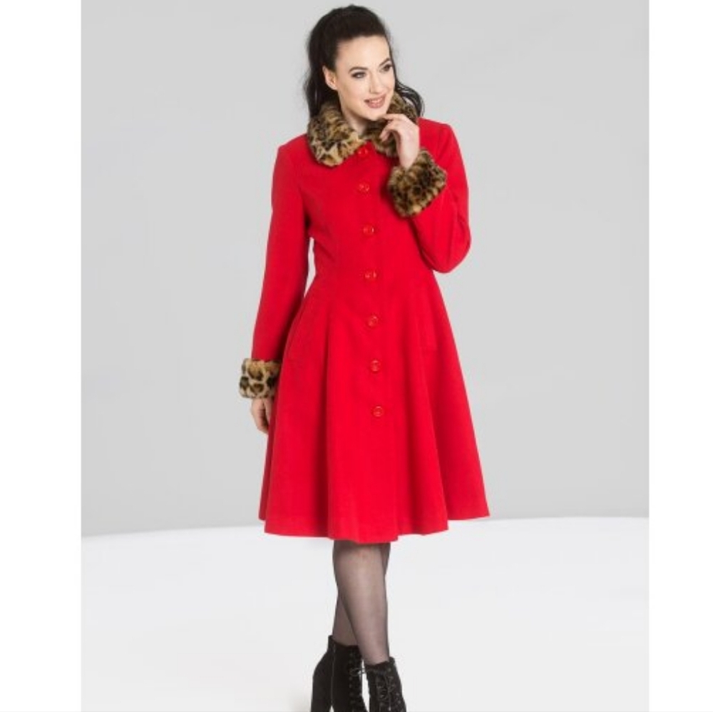 Hell Bunny Red Robinson Coat Leopard Print Faux Fur Collar Princess Size XS NWT